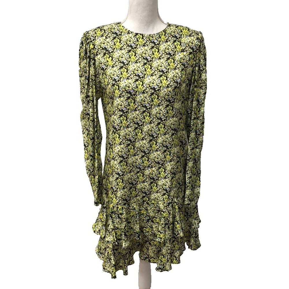 Brogger Ruffle‎ Mini Dress Womens Large Yellow Floral Long Sleeve Silk Party